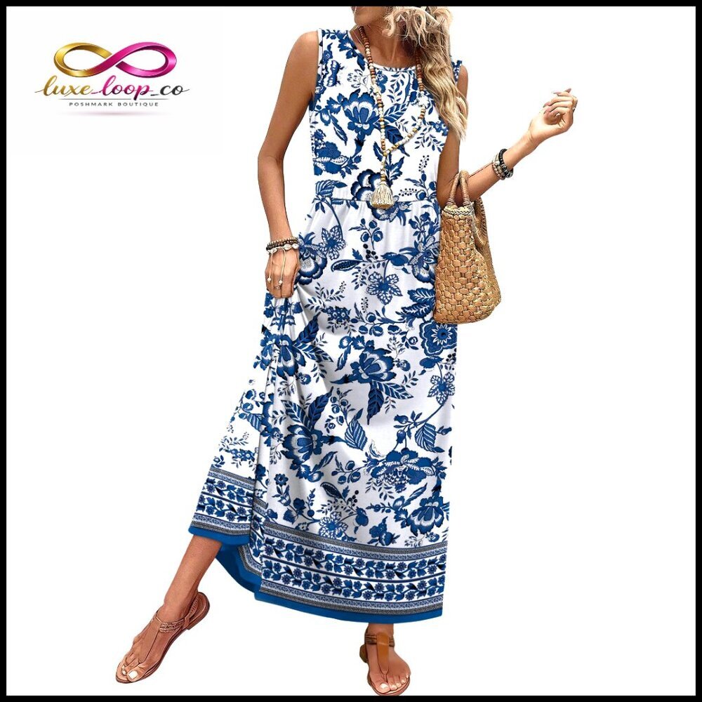 Flowy Maxi Sundress A-Line Sleeveless Boho Casual Summer Dress‎ with Pockets